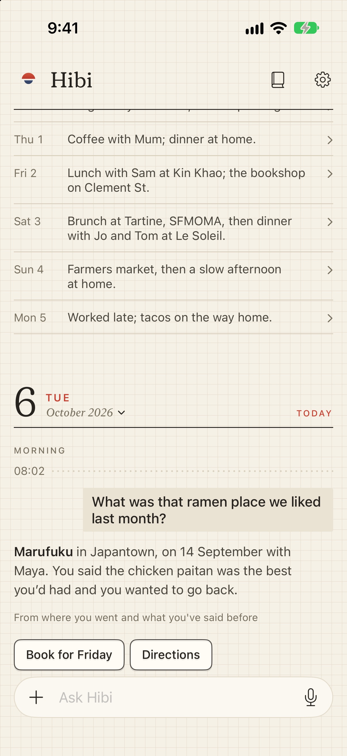 Asking Hibi: What was that ramen place we liked last month? Marufuku in Japantown, 14 September with Amy. You said the chicken paitan was the best you'd had.