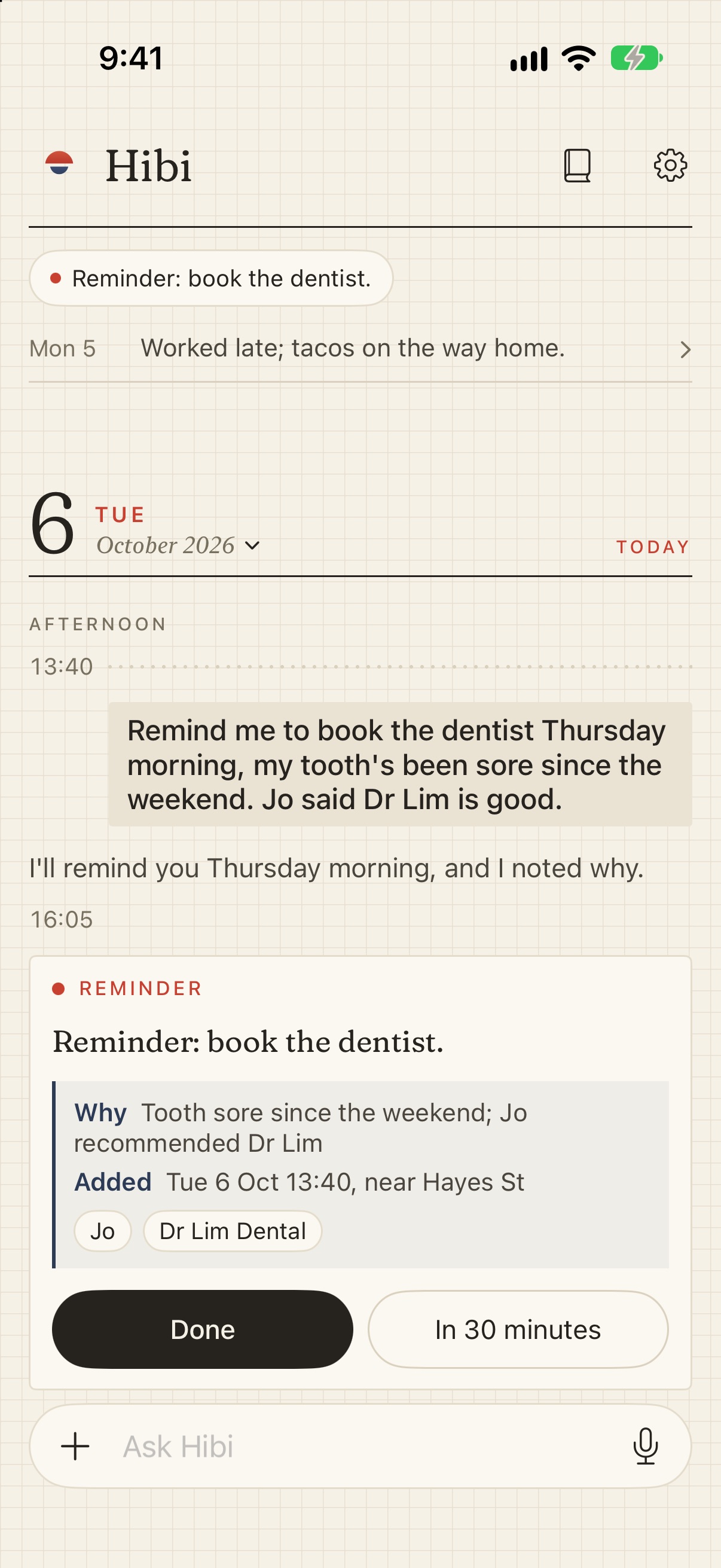 A reminder in Hibi, Book the dentist, with why it was set, when and where it was added, and the people and places it's about