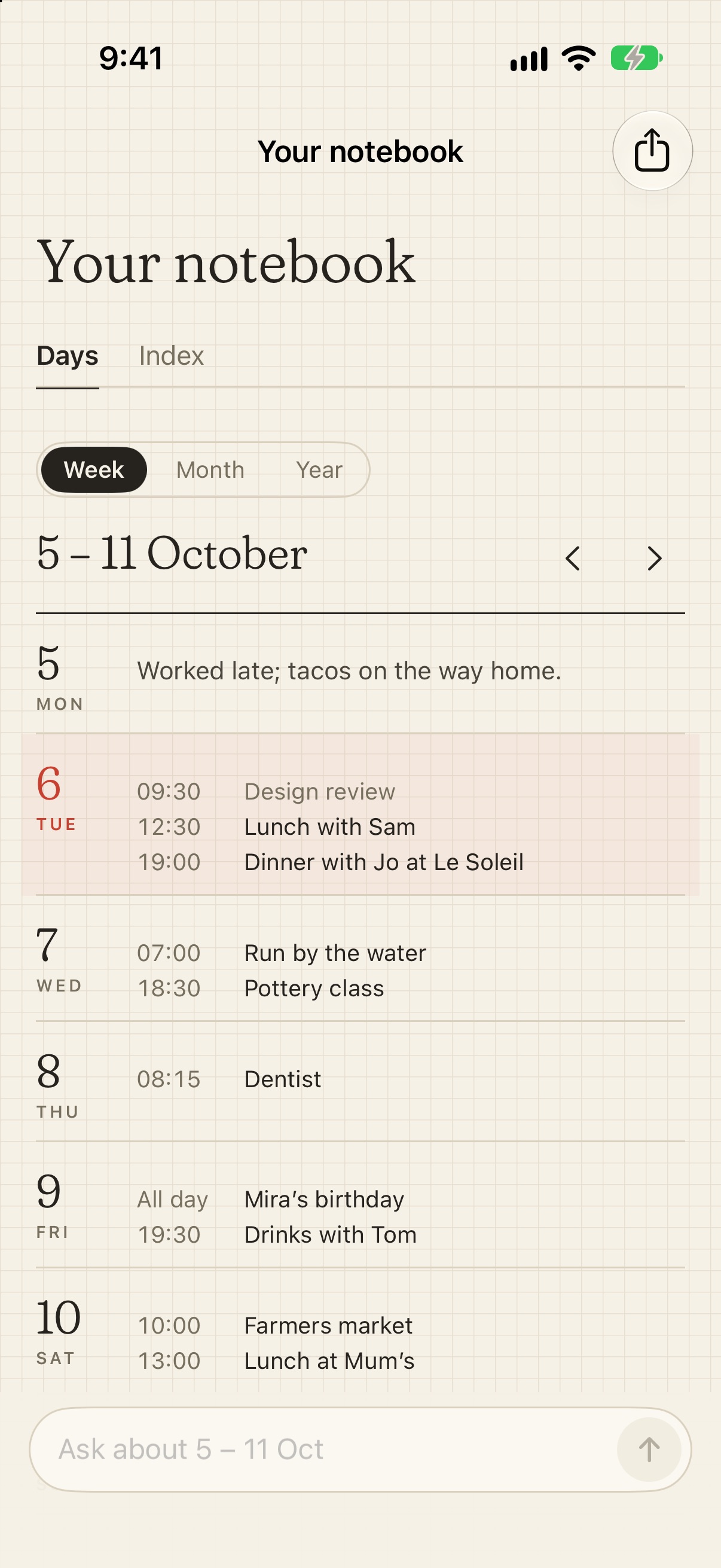 Hibi's notebook, the week: each past day as a line, today's plans, and the days ahead